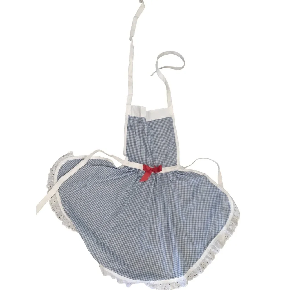Vintage Blue Gingham Check Bib Apron Red Bow Eyelet Lace Trim Retro Kitchenwear